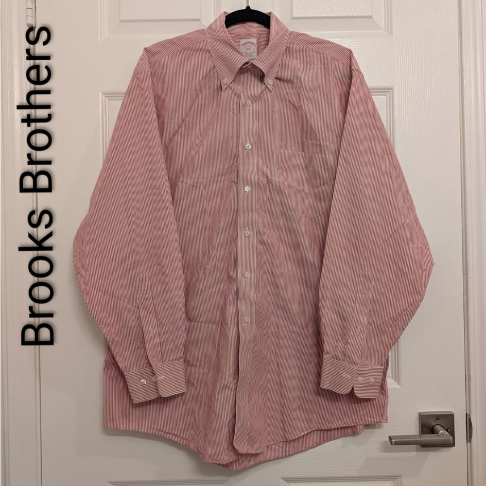 Men's Brooks Brothers Red White Striped Dress Shirt Neck 17, 34/35 Xmas Holiday